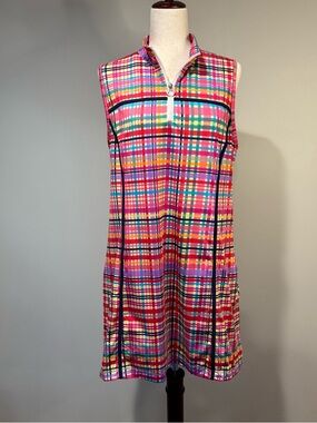 Kinona Women's L Pink Multicolor Plaid Sleeveless 1/4 Golf Dress Tennis Pockets